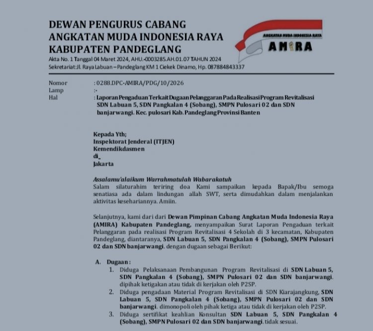 Empat Program Revitalisasi sekolah Resmi Dilaporkan, DPC Amira Minta Itjen Kemendiknasmen Turun Ke Pandeglang